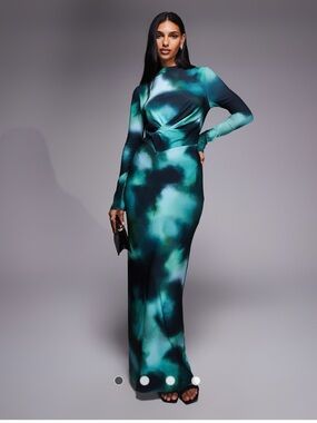 Long-Sleeve Teal Cloud-Print Maxi Dress